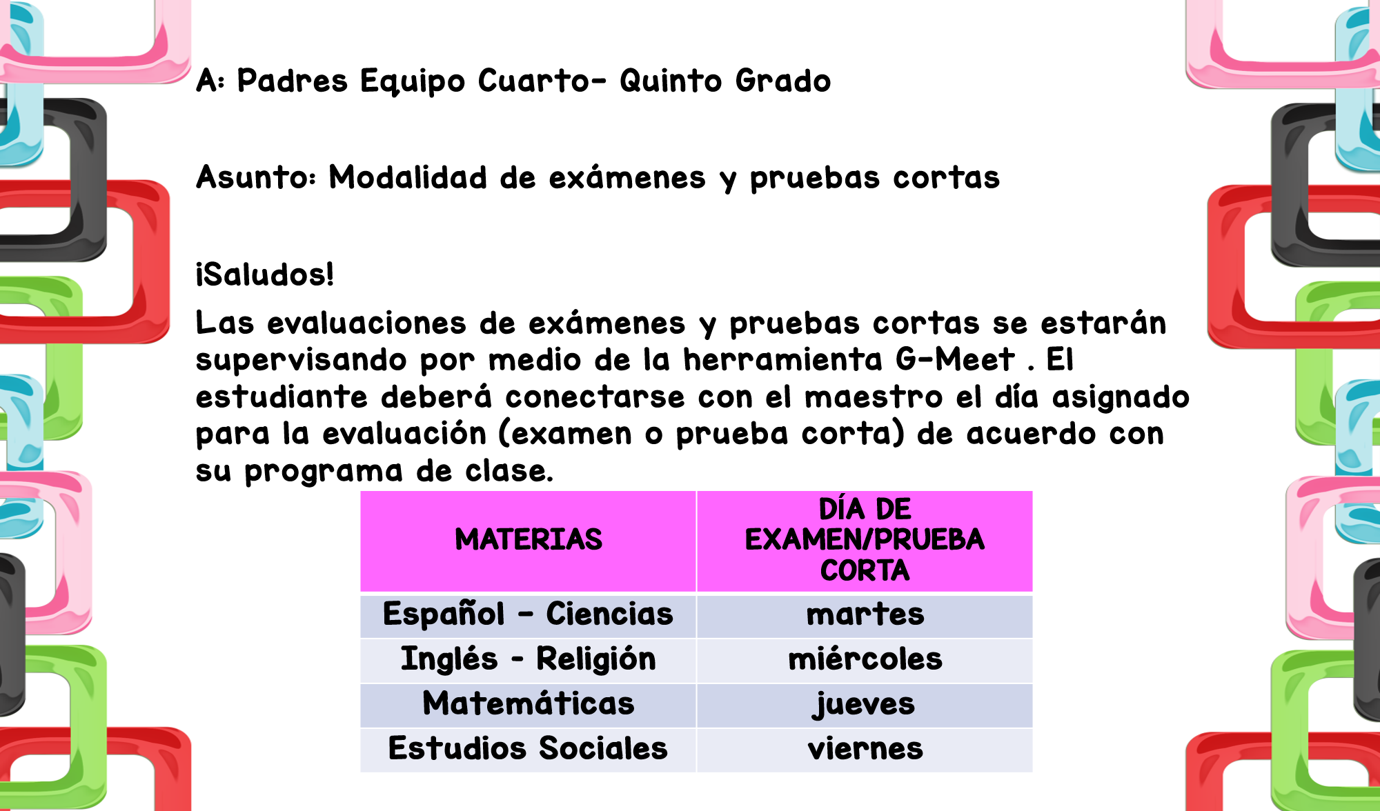 Modalidad de exámenes y pruebas cortas